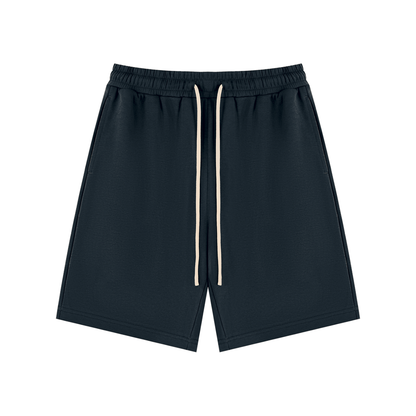 Unisex navy blue drawstring shorts with elastic waistband and off-white cords