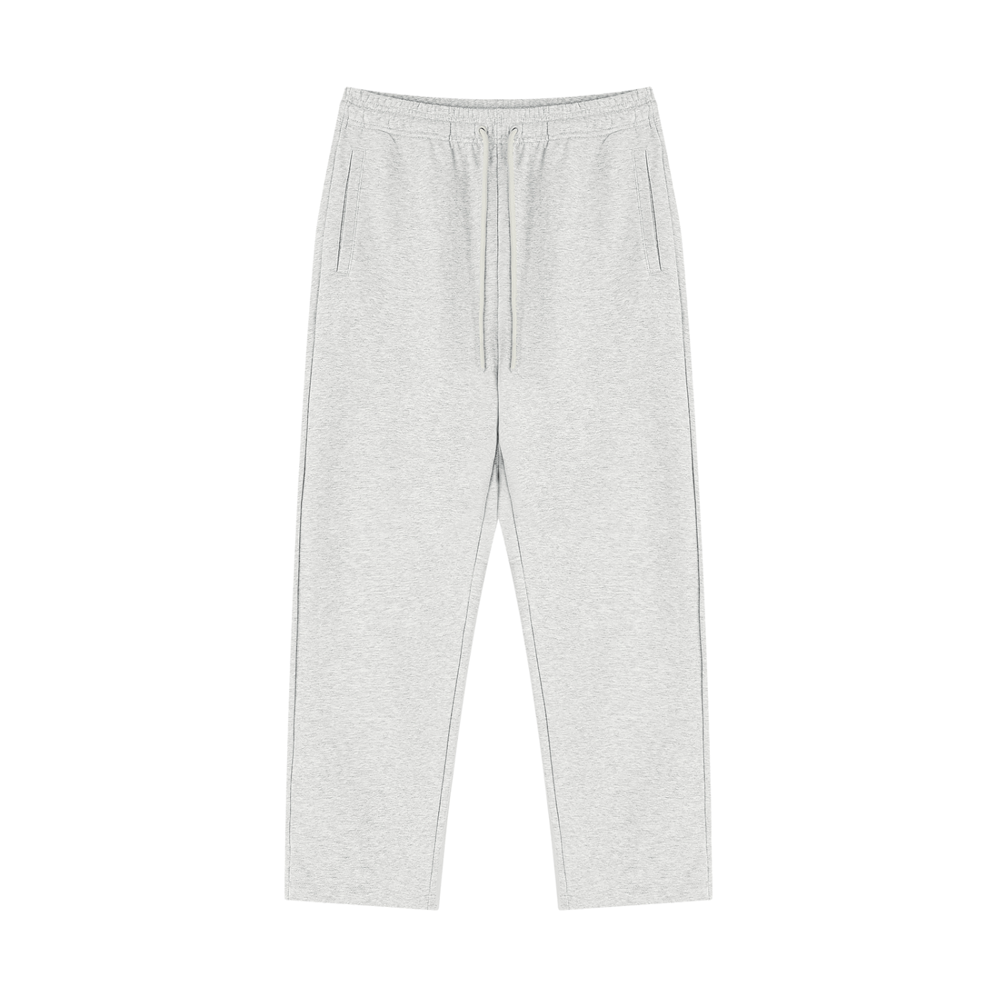 Light gray straight-leg sweatpants with elastic waistband, drawstring, and side pockets