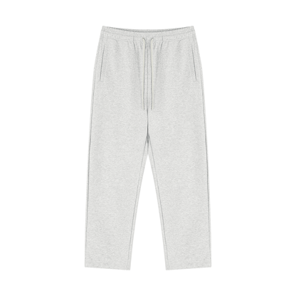 Light gray straight-leg sweatpants with elastic waistband, drawstring, and side pockets