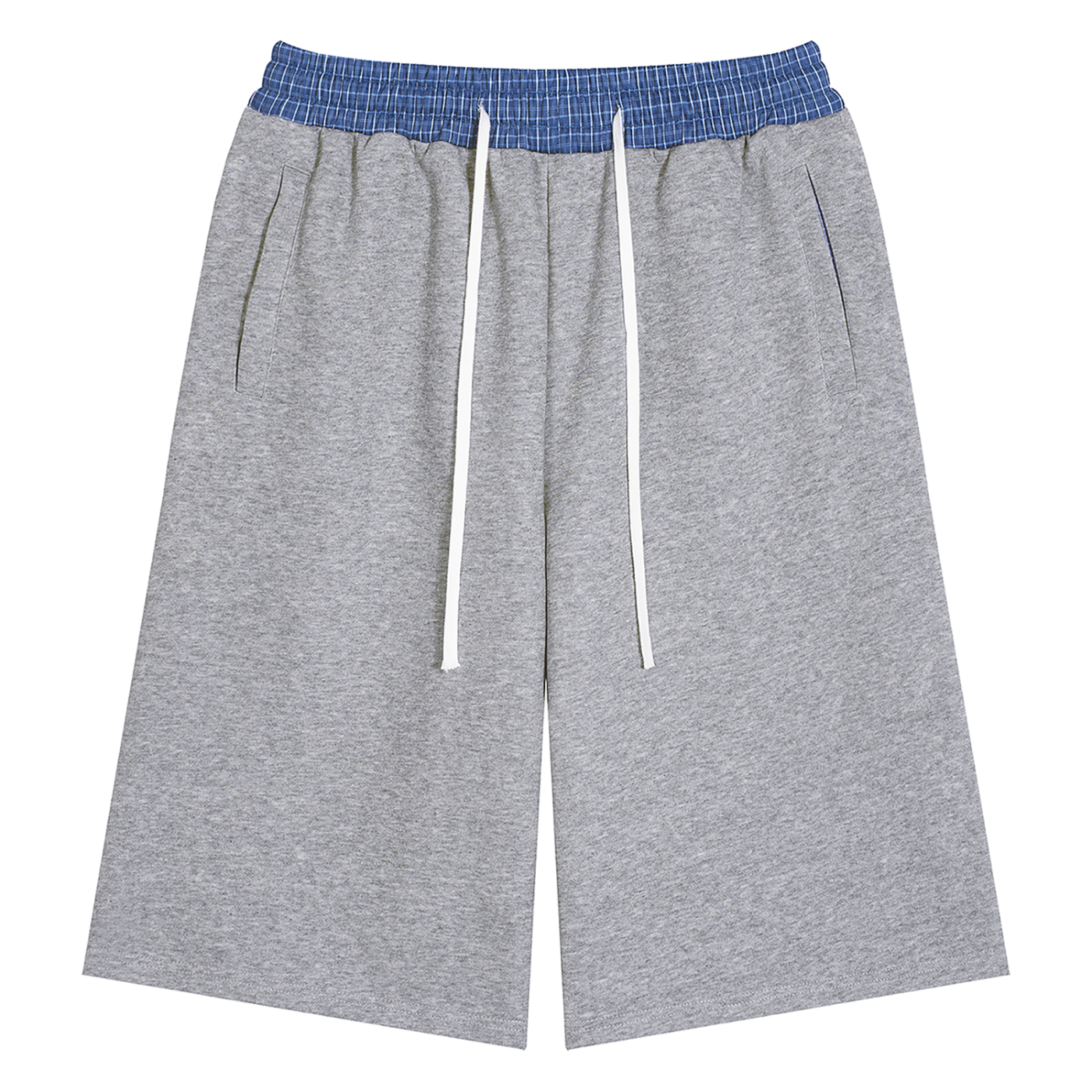 Gray unisex shorts with blue plaid elastic waistband and adjustable drawstring