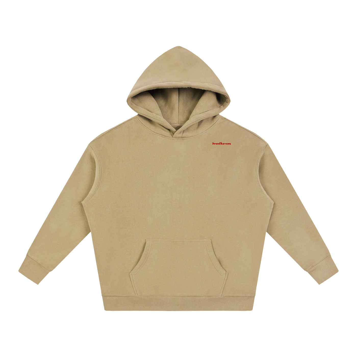 Oversized fleece hoodie, tan, front hood, small chest logo, kangaroo pocket
