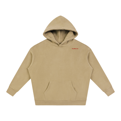 Oversized fleece hoodie, tan, front hood, small chest logo, kangaroo pocket
