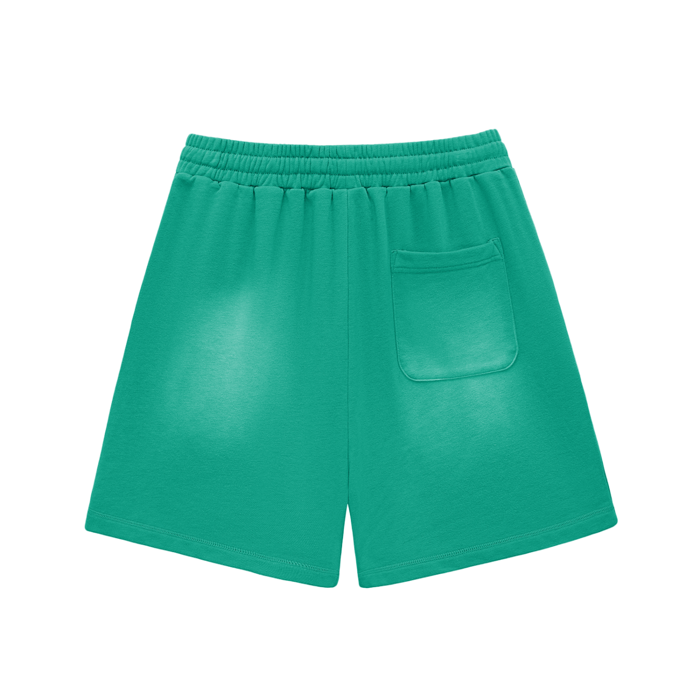 Green cotton shorts with elastic waistband, drawstring, back pocket, raw hem, sun-fade.
