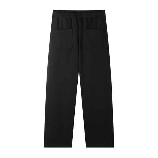 Black straight-leg sweatpants with elastic waistband and side patch pockets