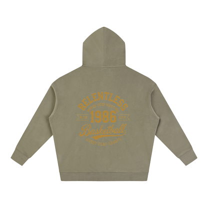 Oversize fleeced hoodie, olive/khaki; back features large “Relentless 1968 Basketball” graphic
