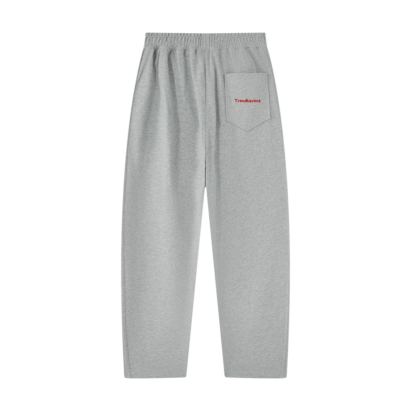 Light gray unisex tapered straight hem sweatpants, elastic waist, small logo label on front pocket