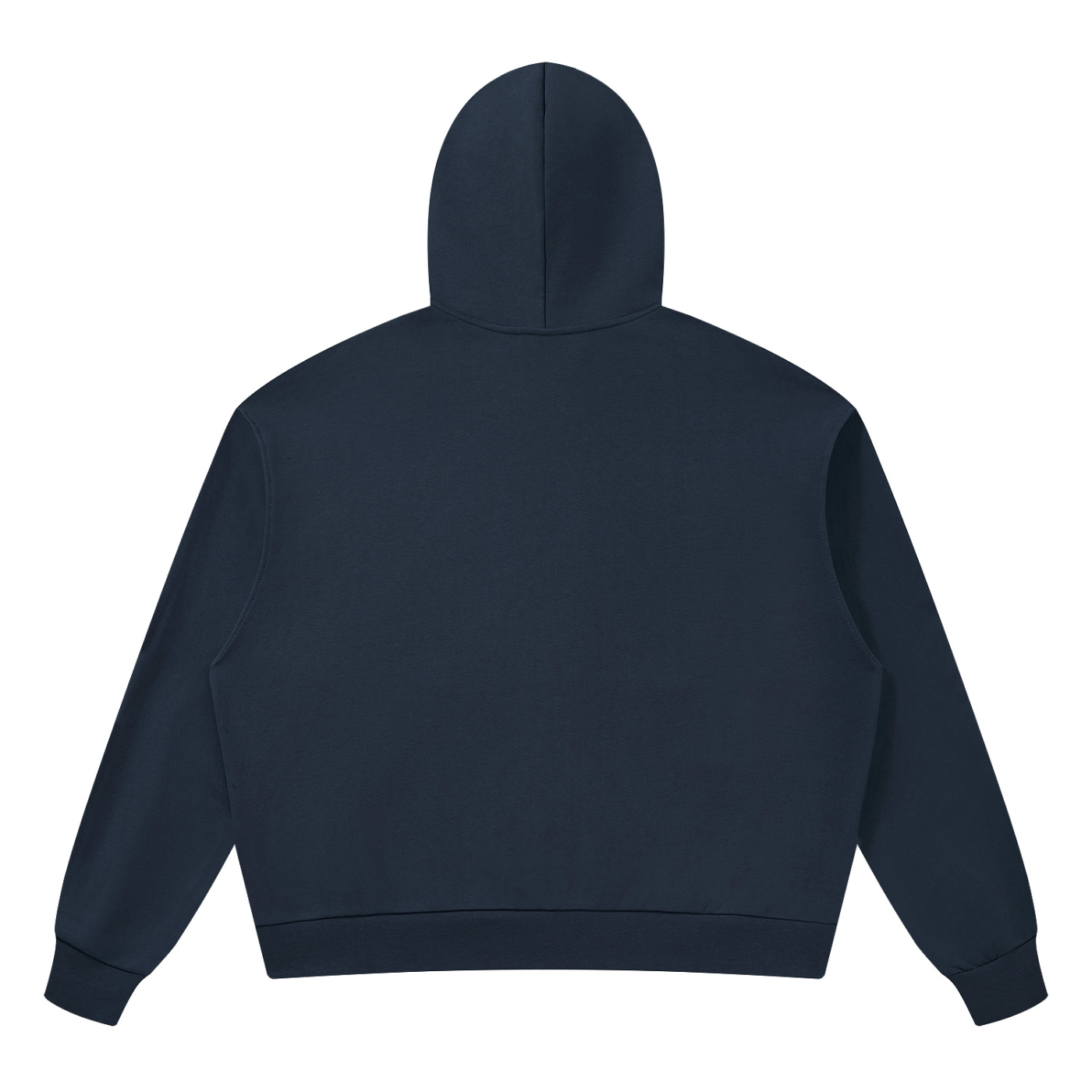 Unisex drop-shoulder hoodie in navy blue with hood, back view
