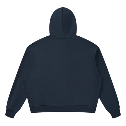 Unisex drop-shoulder hoodie in navy blue with hood, back view