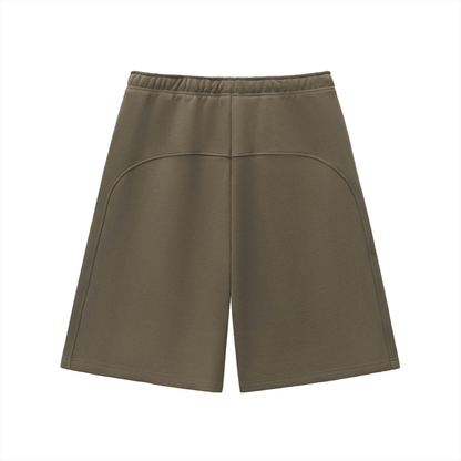 Olive green heavyweight fleece shorts, elastic waistband with drawstring, back view