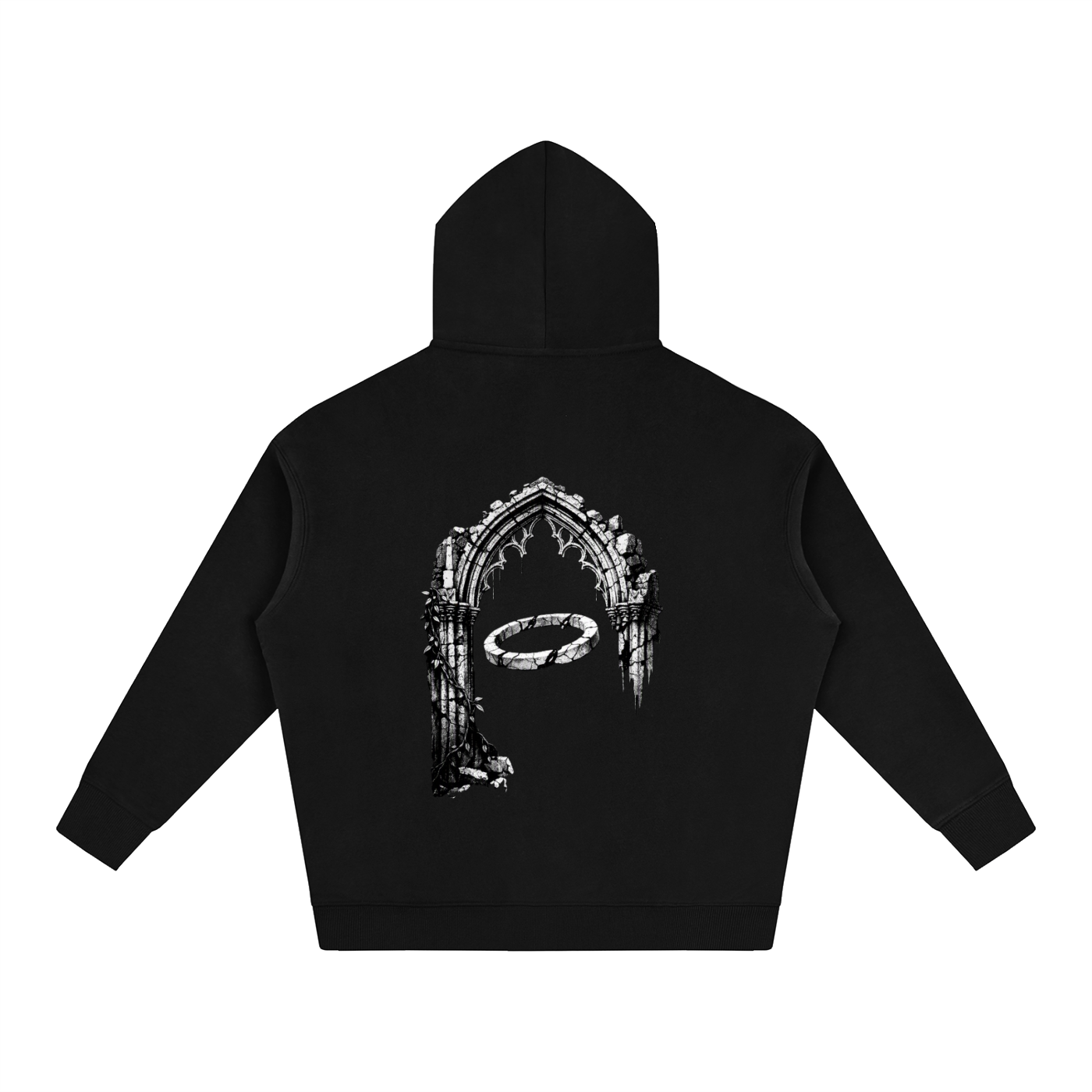 Black fleece hoodie with large back graphic and kangaroo pocket