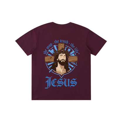 Unisex cotton T-shirt, grape purple, Jesus logo with blue sunburst