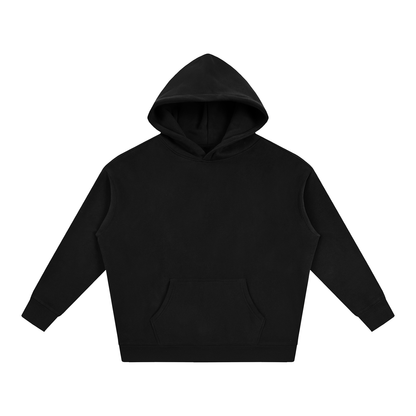 Black fleece hoodie with front kangaroo pocket and hood