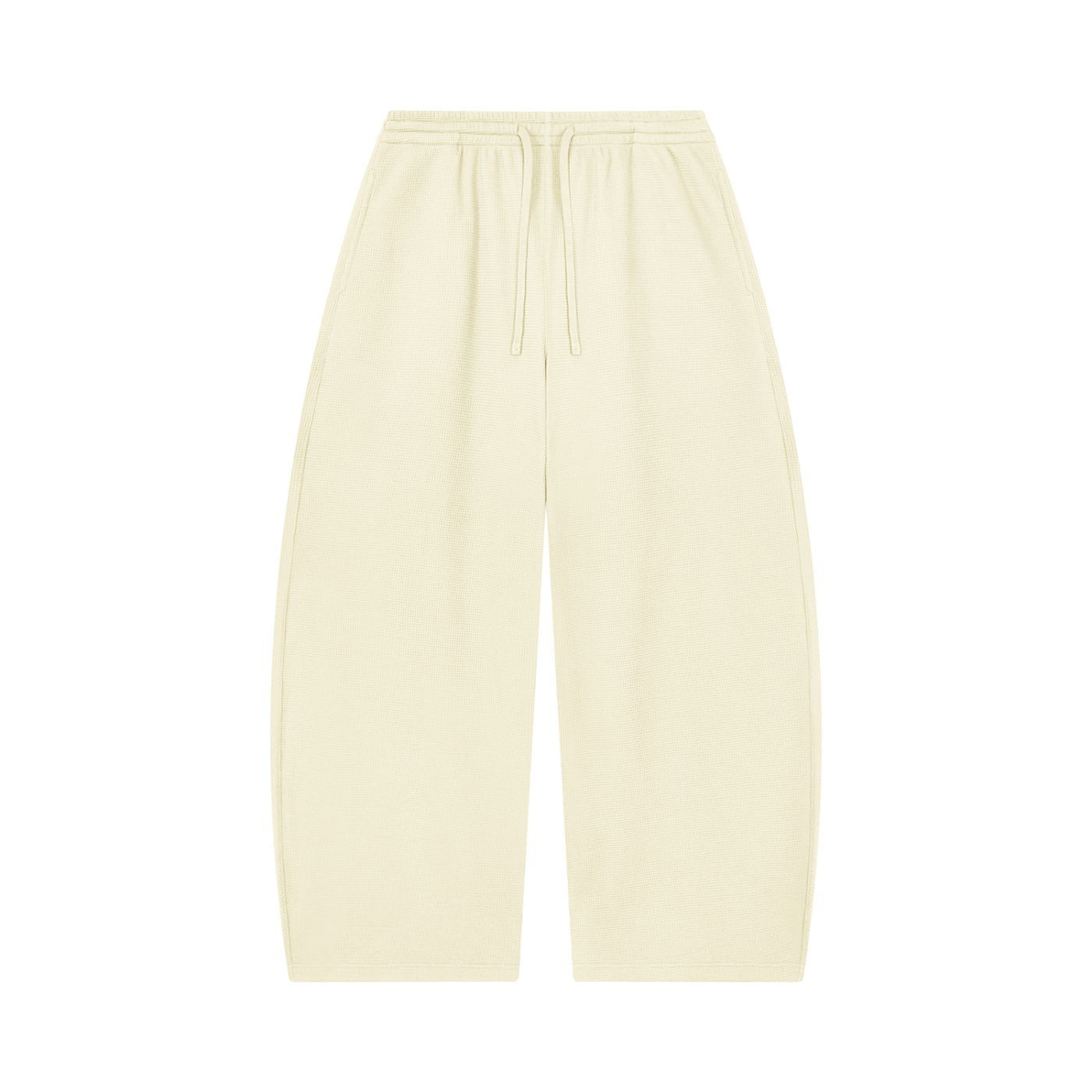 Unisex barrel-leg pants in oat-cream with elastic waistband and drawstring