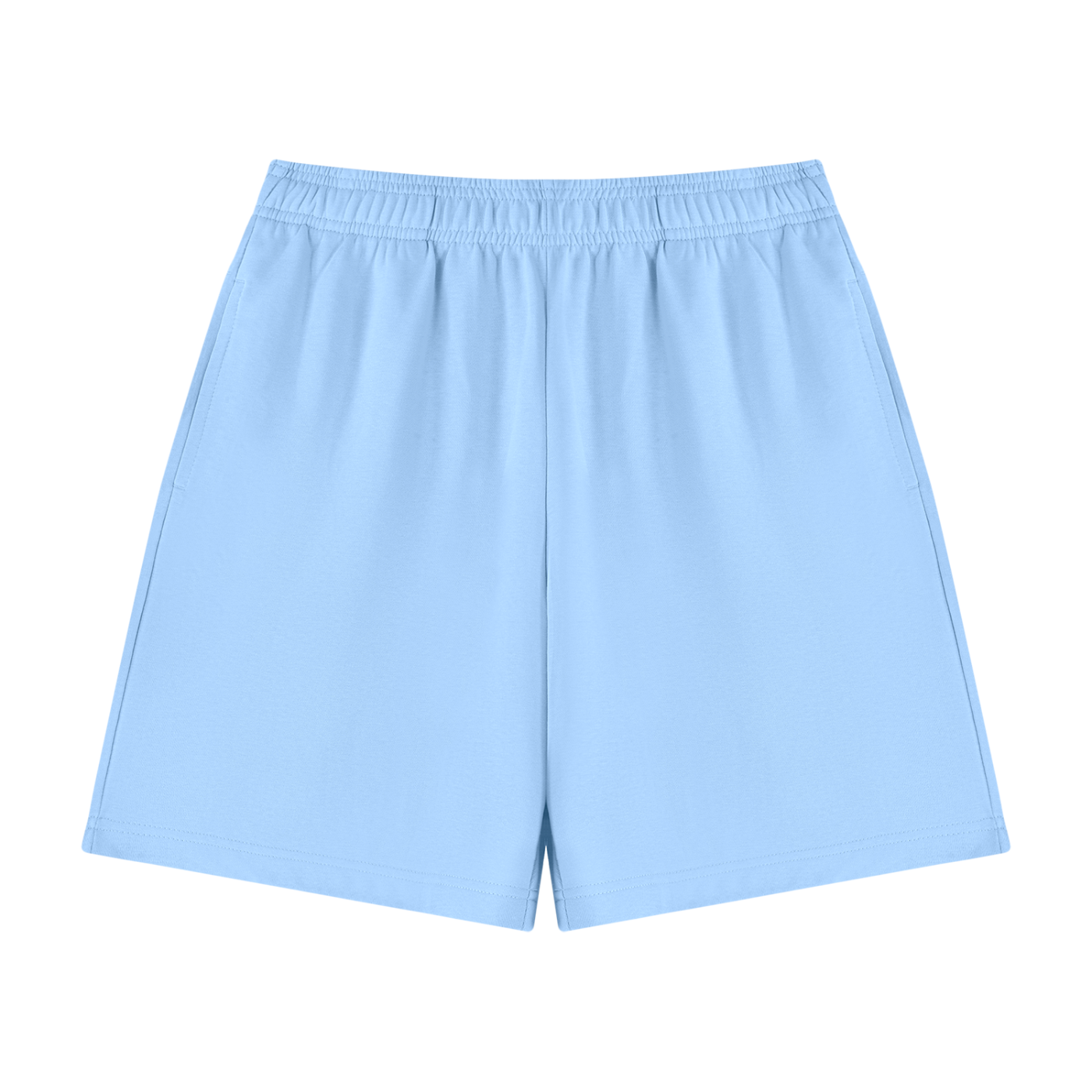 Unisex cotton shorts in sky blue, elastic waistband, no visible pocket.