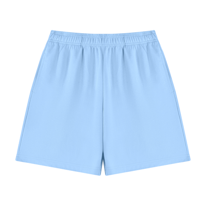 Unisex cotton drawstring shorts in sky blue, elastic waistband, straight hem