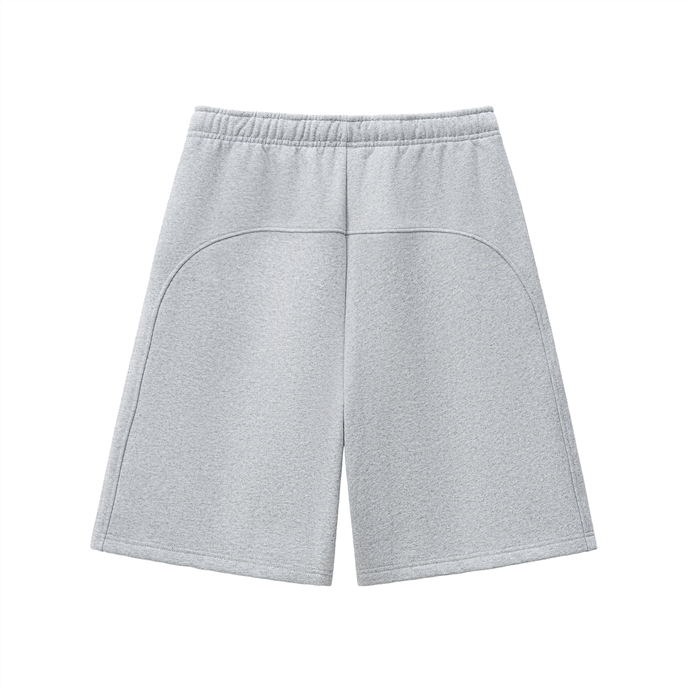 Unisex heavyweight fleece shorts, heather gray, back view with yoke seam and drawstring
