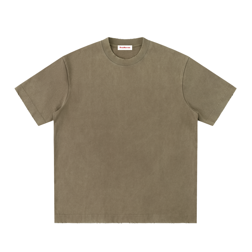 Washed frayed coffee brown t-shirt, crew neck, short sleeves