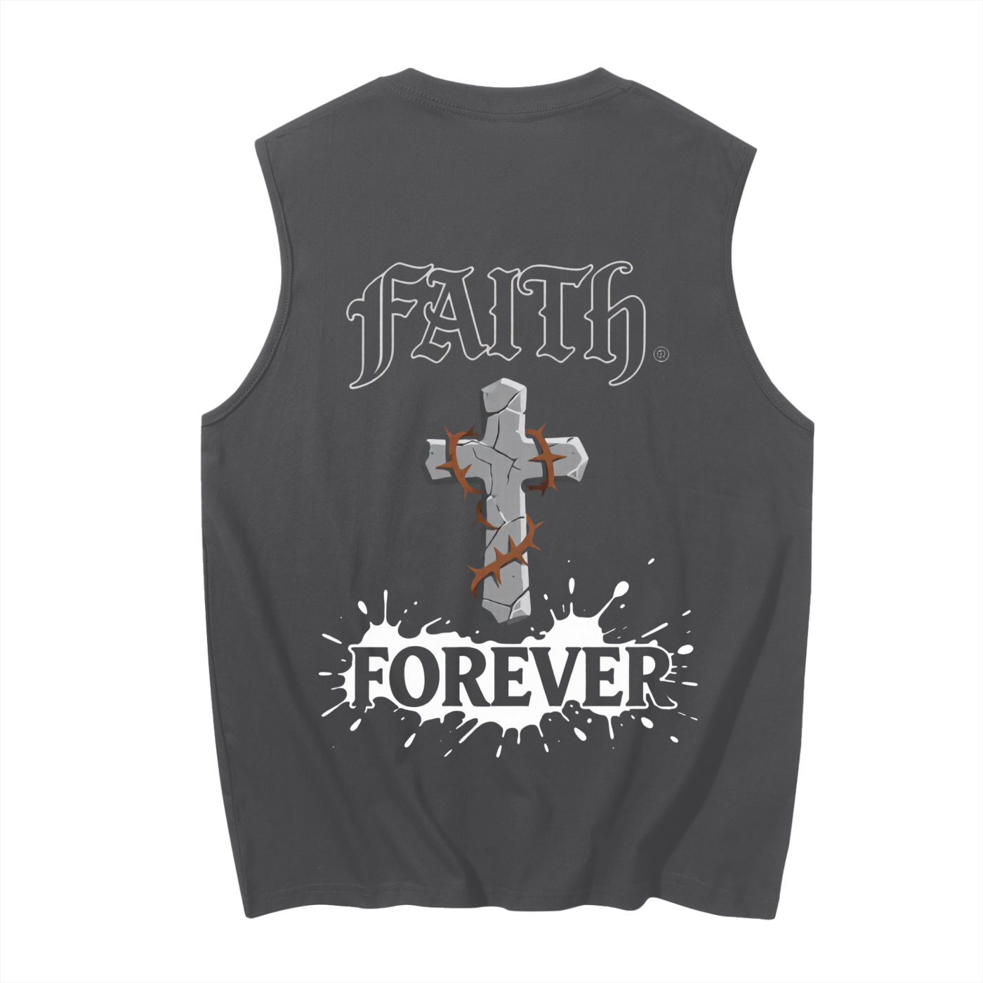 Men's sleeveless cotton tank top, dark grey; large back graphic print; crew neck