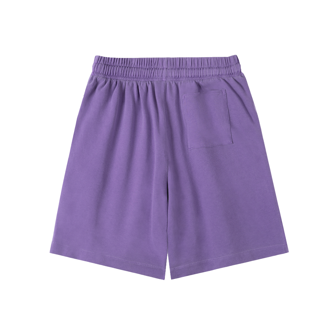 Purple cotton drawstring shorts with elastic waistband and side patch pocket
