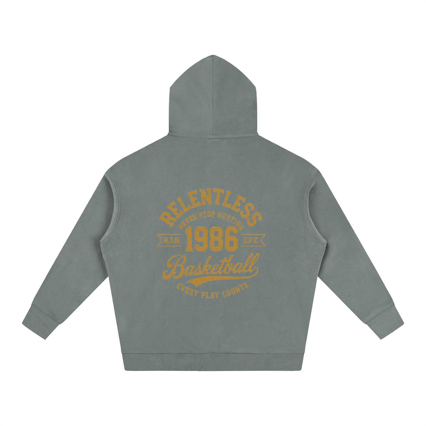 Oversize fleeced hoodie in gray-green with back basketball graphic and hood.