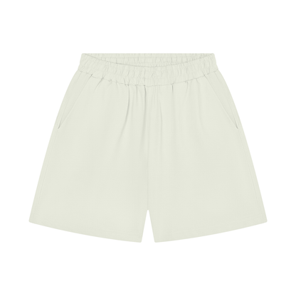 Light off-white cotton shorts with elastic waistband and relaxed straight fit
