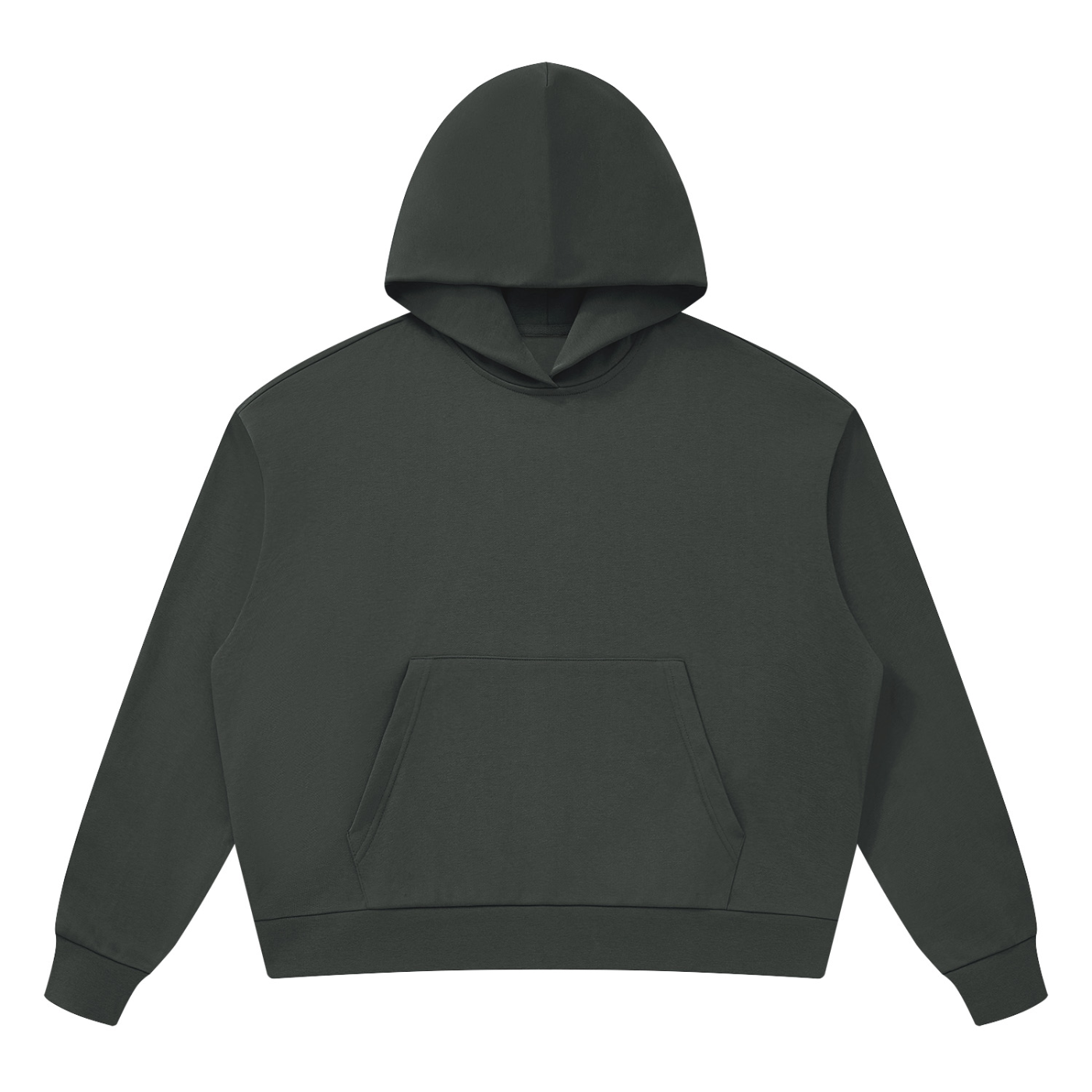 Unisex drop-shoulder hoodie in dark gray with hood and front kangaroo pocket