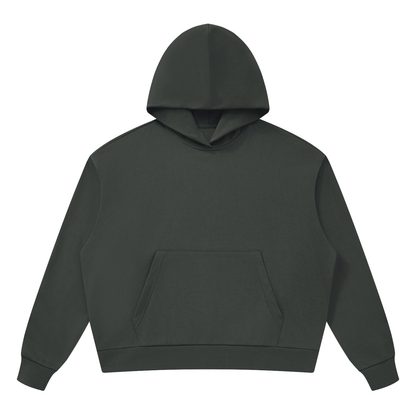 Unisex drop-shoulder hoodie in dark gray with hood and front kangaroo pocket