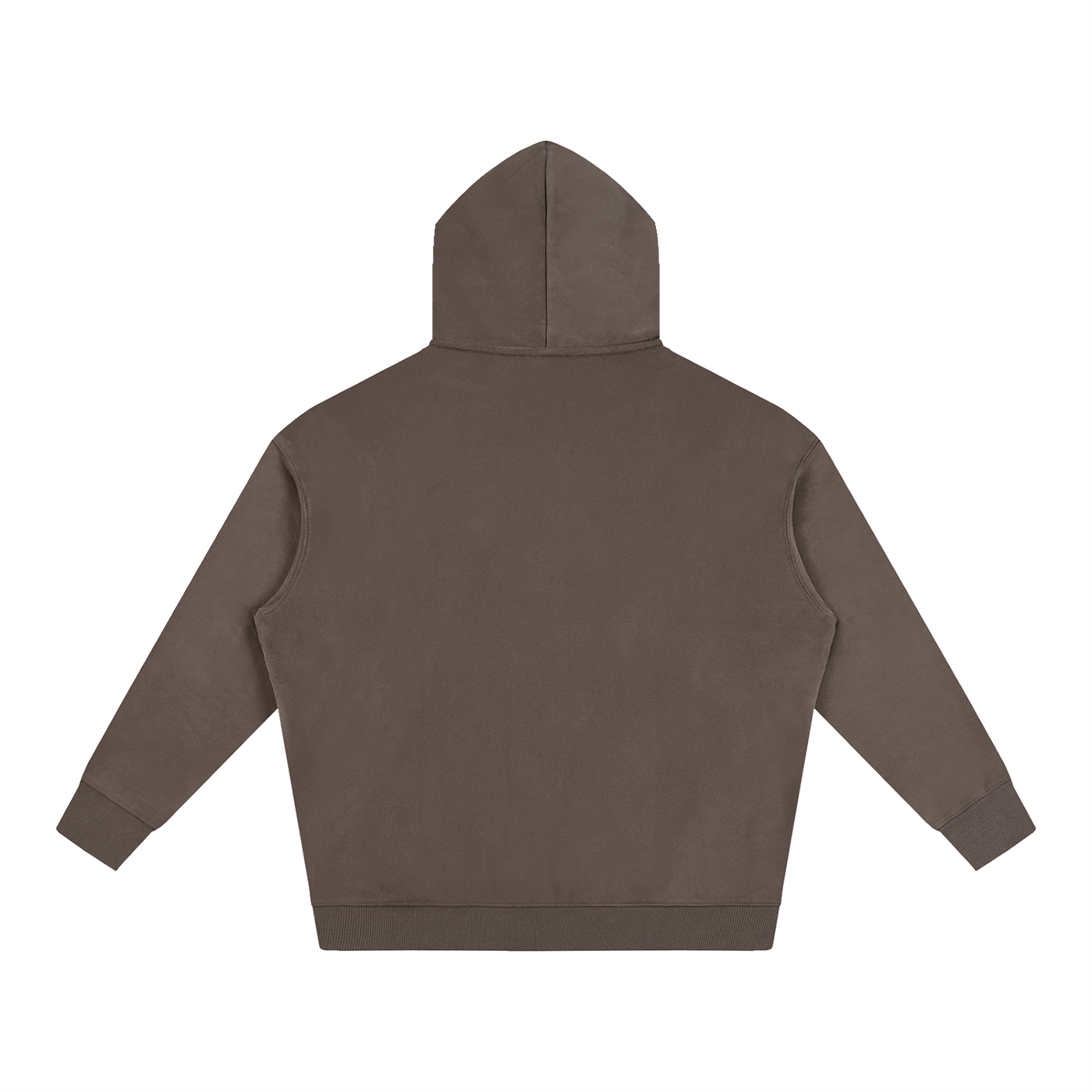 Dark brown oversized fleece pullover hoodie, back view, with hood and pocket.