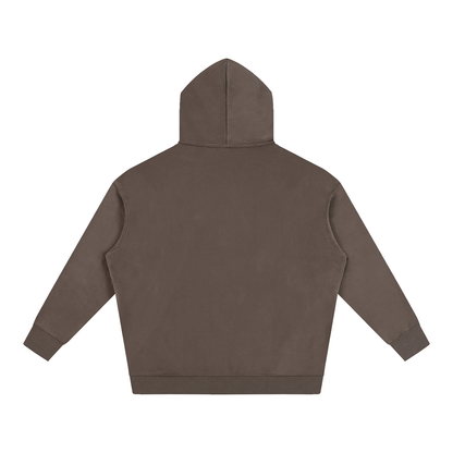 Dark brown oversized fleece pullover hoodie, back view, with hood and pocket.