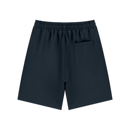 Unisex navy blue drawstring shorts with side pocket and elastic waistband