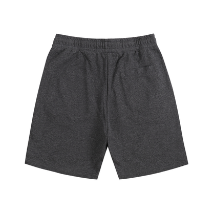 Dark gray cotton shorts with elastic waistband and drawstring, no graphic