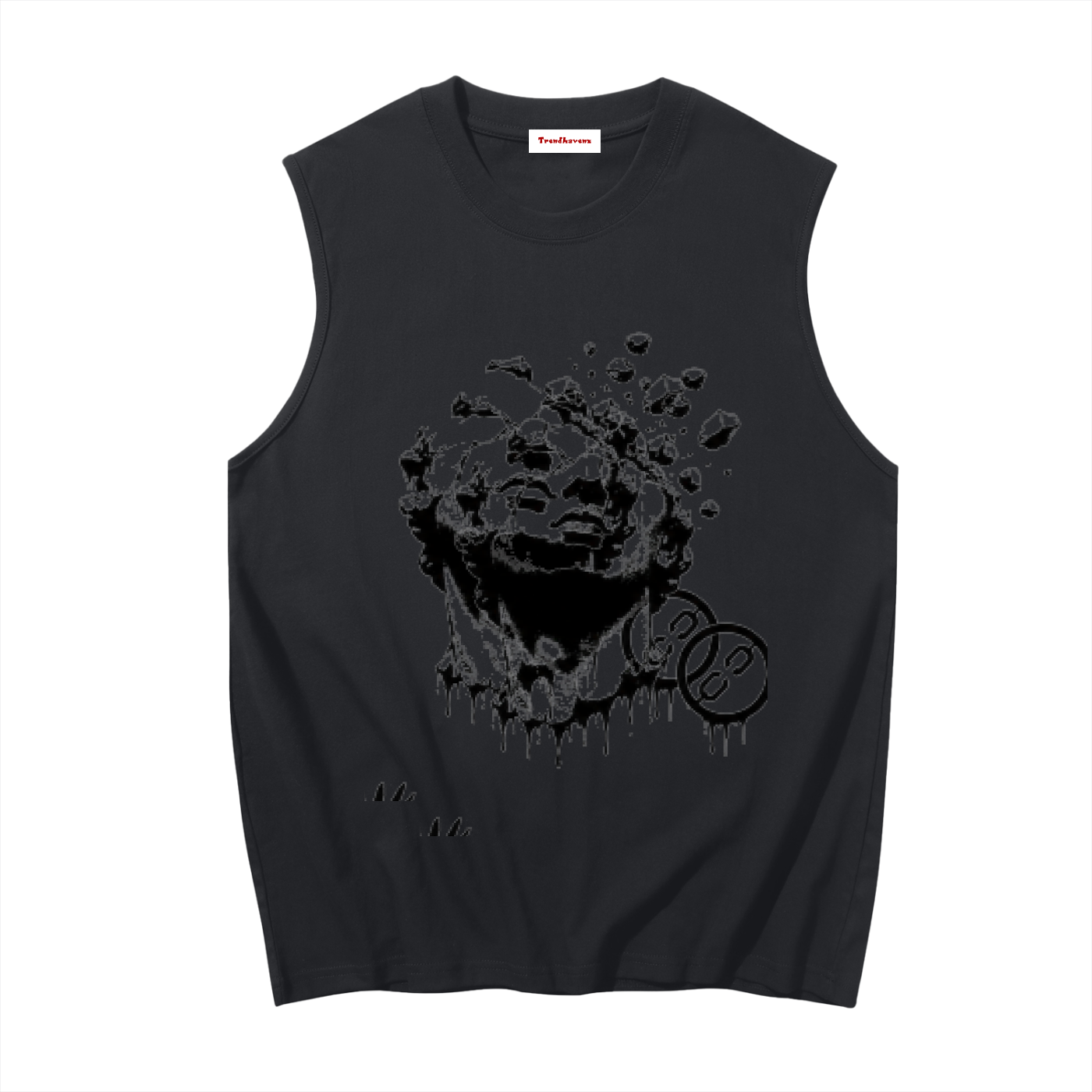 Black sleeveless graphic tank with melting face front print