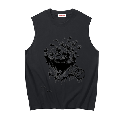 Black sleeveless graphic tank with melting face front print