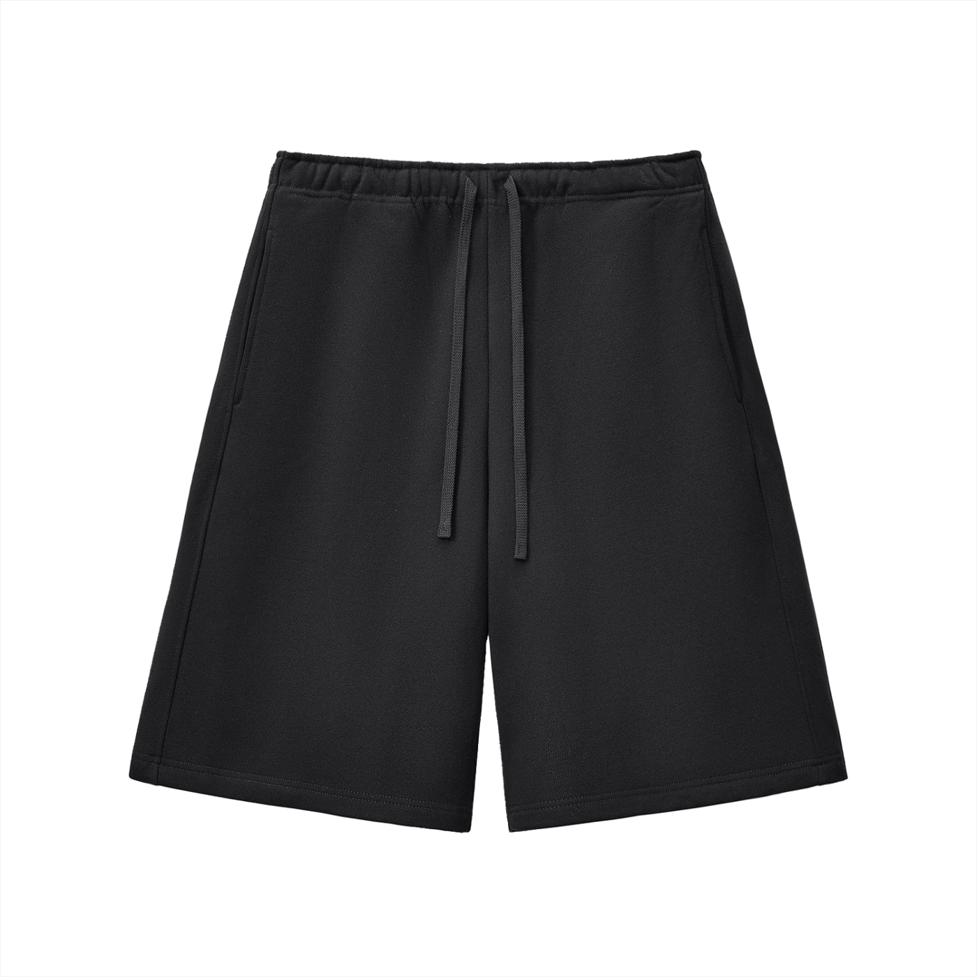 Black heavyweight fleece shorts, elastic waistband with drawstring, front view