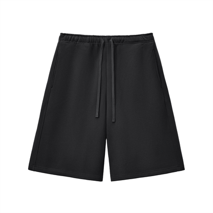 Unisex heavyweight fleece shorts, black, front view with drawstring waist
