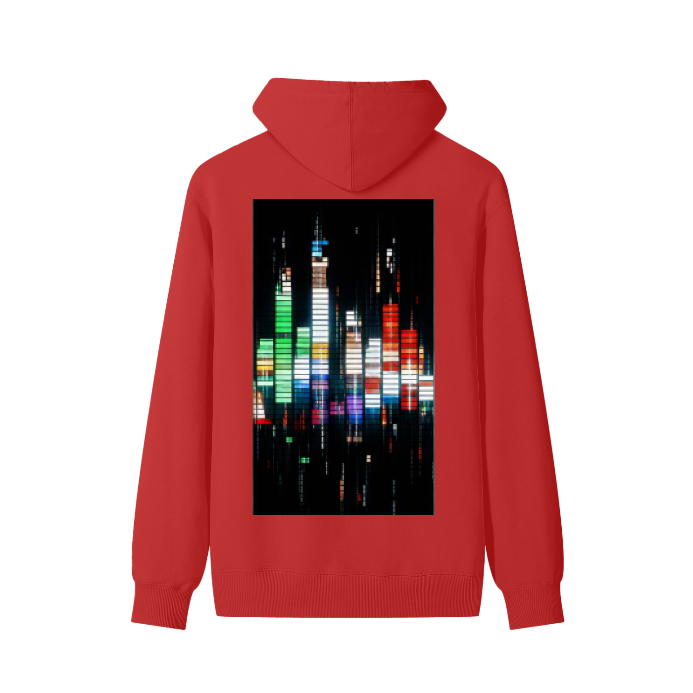 Unisex cotton hoodie, red color, back view with cityscape graphic print