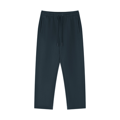 Navy blue straight-leg sweatpants with drawstring waist and side pockets
