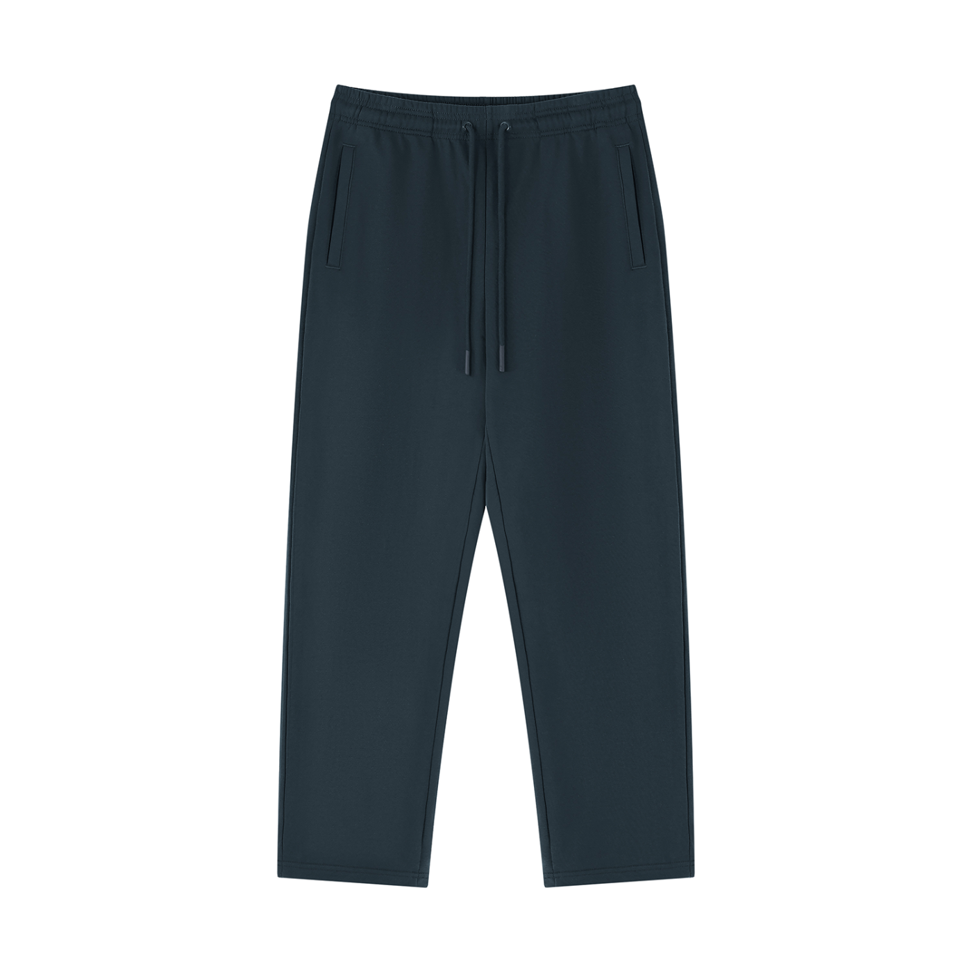 Navy blue straight-leg sweatpants with elastic waistband and drawstring, side pockets