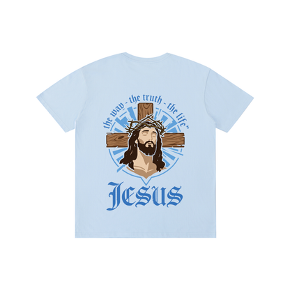 Unisex pure cotton T-shirt, sky blue with blue Jesus emblem and text graphic