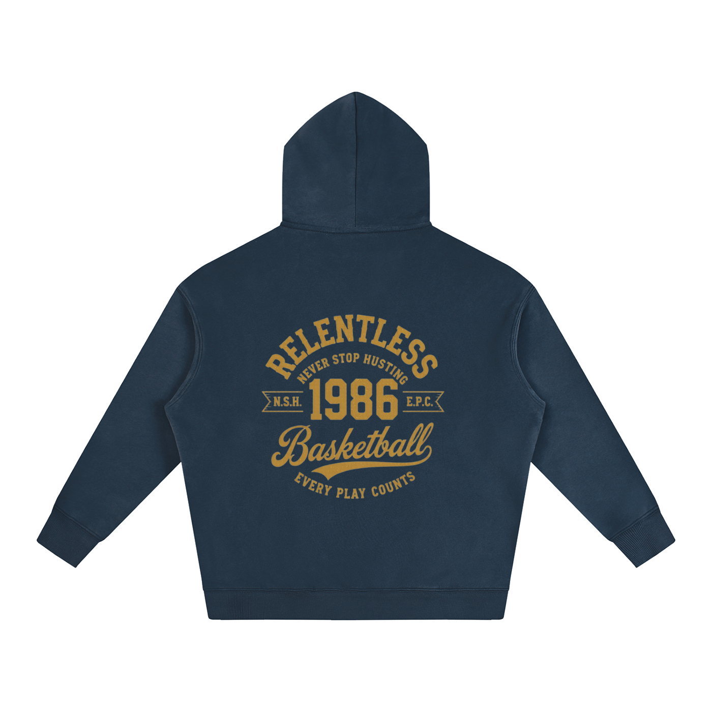 Oversized fleeced hoodie, navy back with basketball graphic and hood