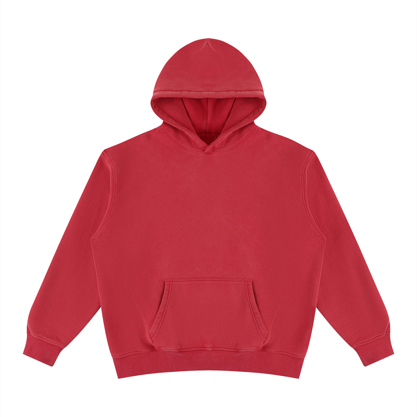 Unisex vintage wash fleece hoodie, red, front view with hood and kangaroo pocket