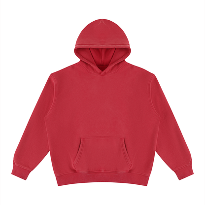 Unisex vintage wash fleece hoodie, red, front view with hood and kangaroo pocket