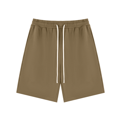 Coffee unisex drawstring shorts with elastic waist and light drawcords