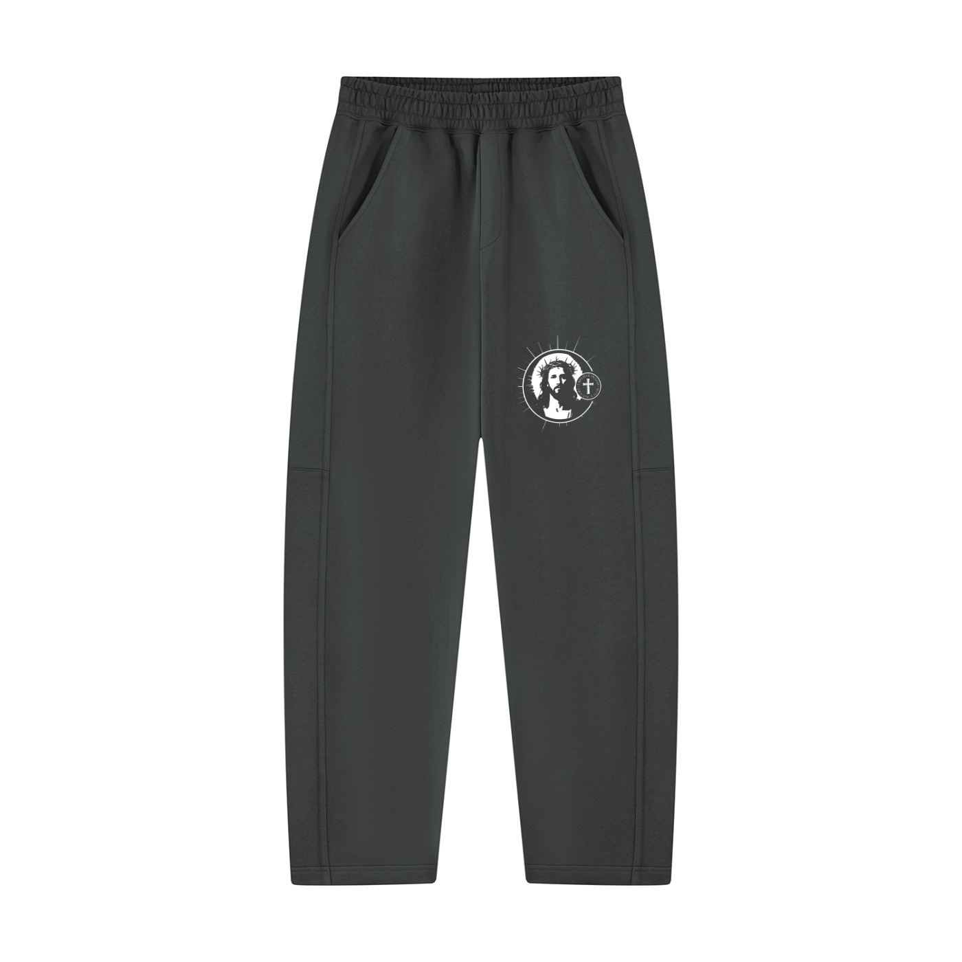 Unisex tapered straight hem sweatpants, dark gray, elastic waistband, side logo print