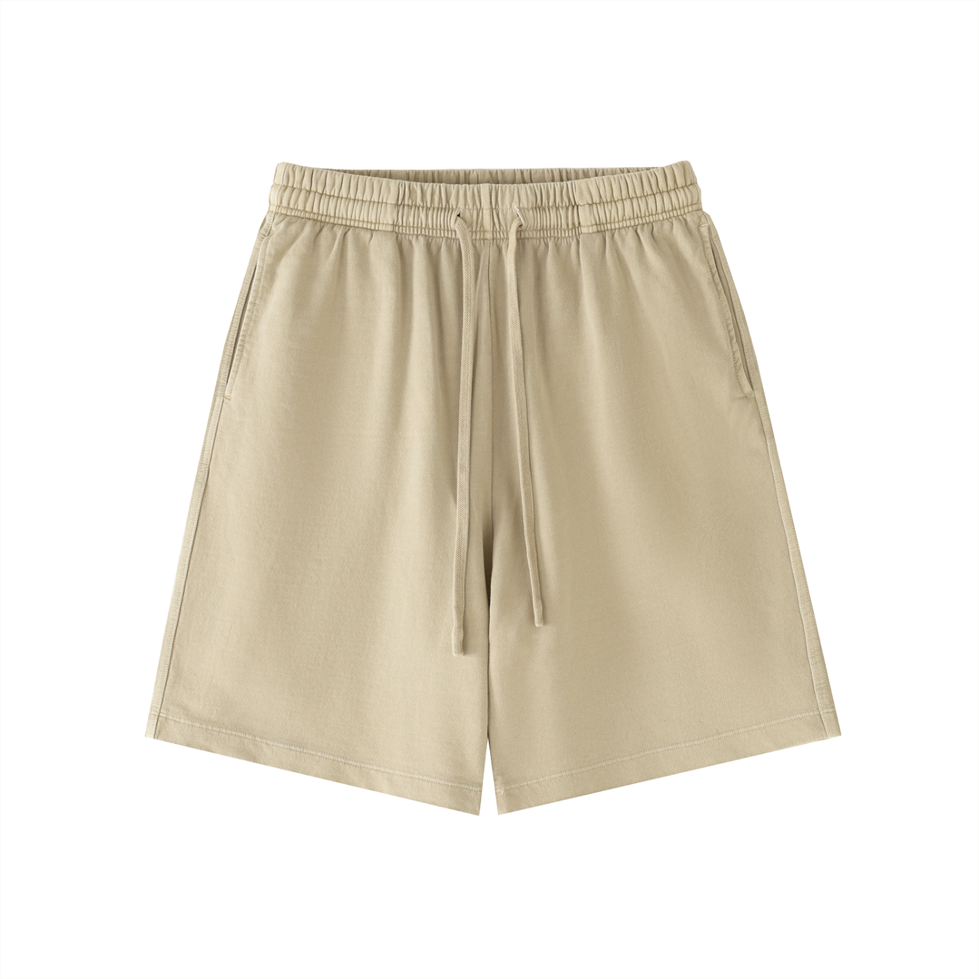 Khaki cotton shorts with elastic waistband and drawstring, side seam pockets.