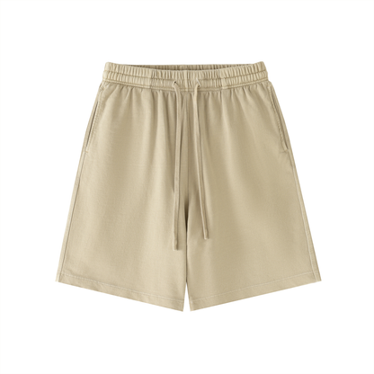 Khaki cotton drawstring shorts with elastic waistband and relaxed straight legs