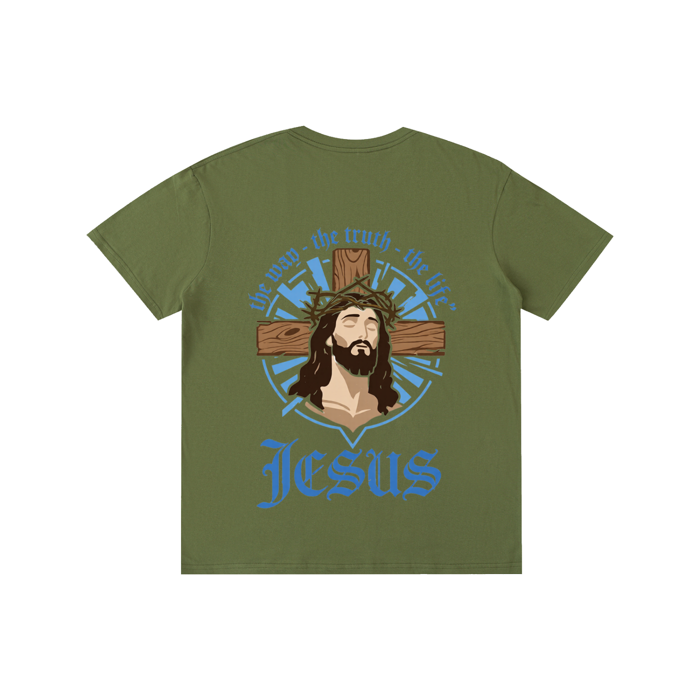 Unisex pure cotton T-shirt, army green with Jesus logo in blue and gold