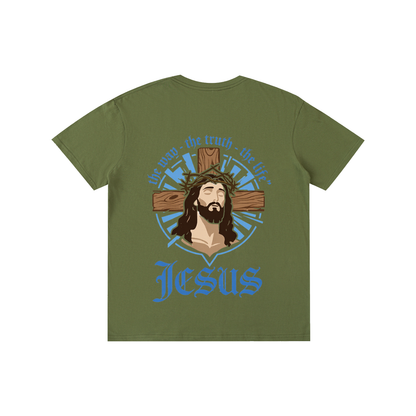Unisex pure cotton T-shirt, army green with Jesus logo in blue and gold