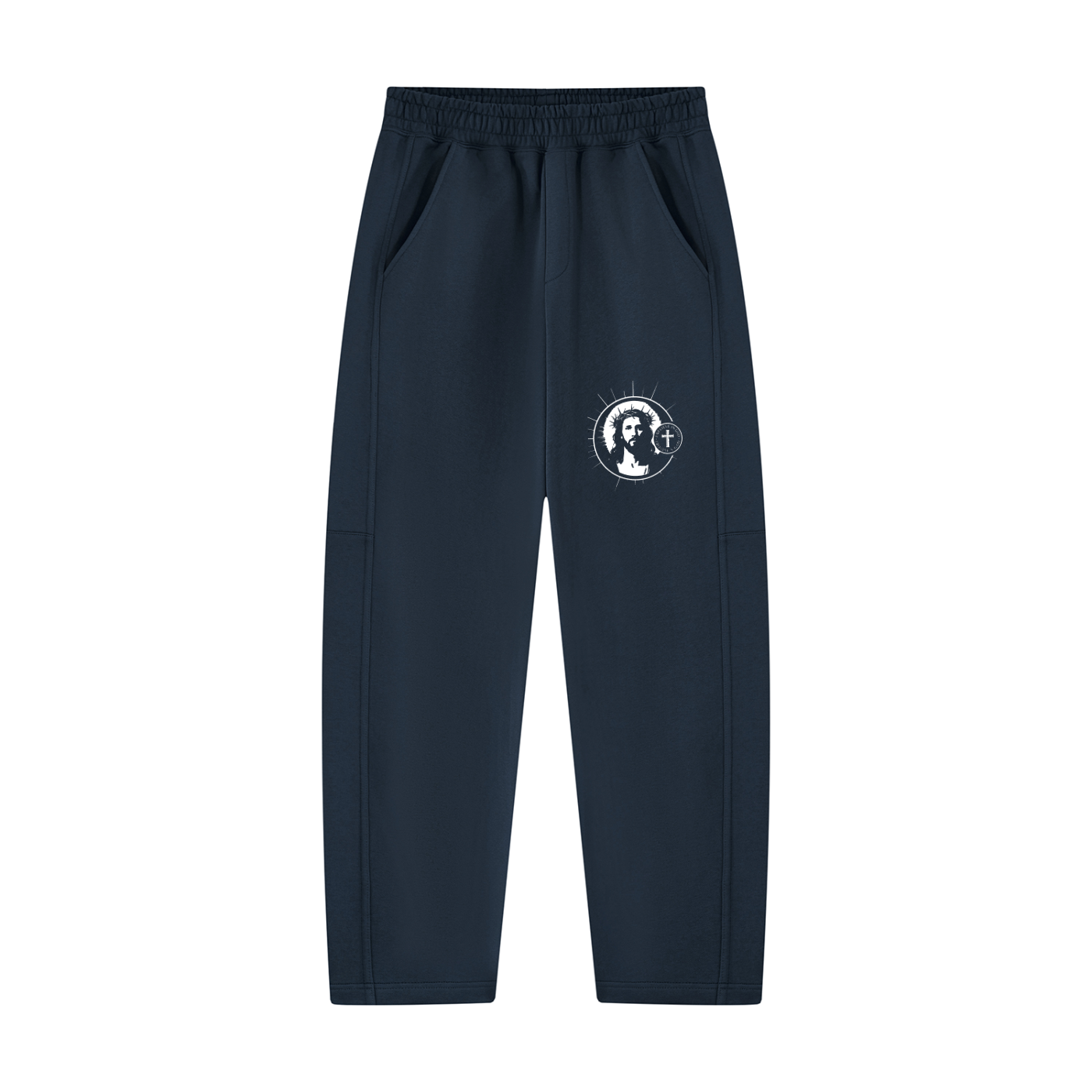 Unisex tapered straight hem sweatpants, navy blue, elastic waistband, side circular logo