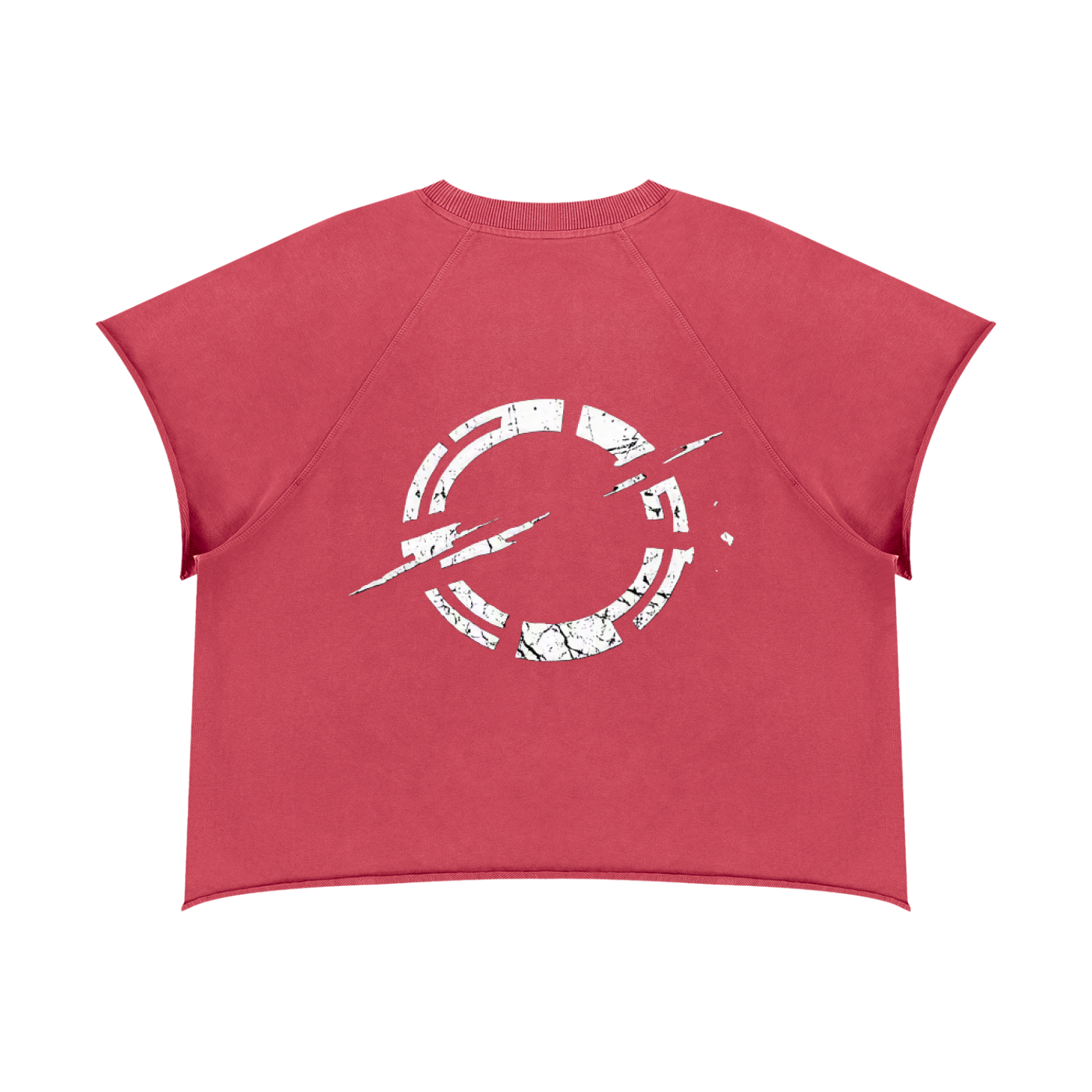 Red boxy crewneck T-shirt with distressed circular glitch graphic on front